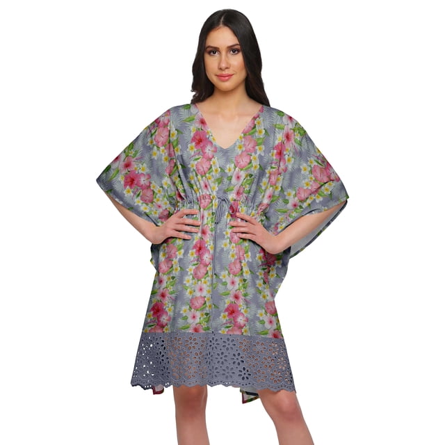 Moomaya Robe Courte de Caftan de Plage, Robe de Couverture Imprimée, Kaftan pour Femmes, Tenue de Plage, Couverture