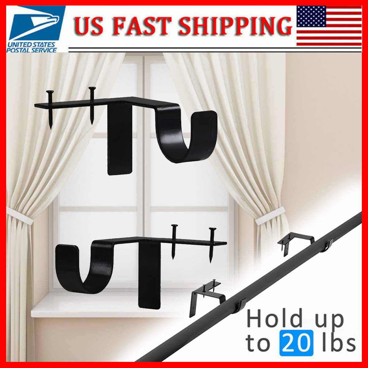 2X Single Hang Curtain Rod Holders Tap Right Window Frame Curtain Rod Bracket US 