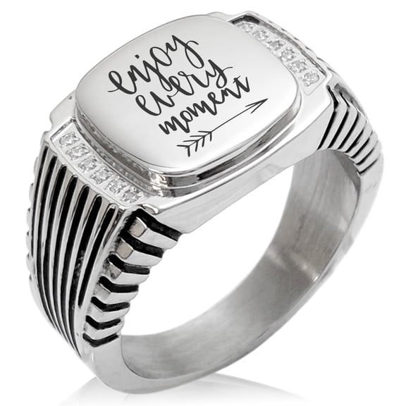 Stainless Steel Enjoy Every Moment CZ Ribbed Needle Stripe Pattern Biker Style Polished Ring