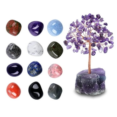 Stones Natural Amethyst Crystal Tree with 12 Natural Stone Chips Crystals for Home Table Decoration Allegory Of Wealth and Luck, Home Decor