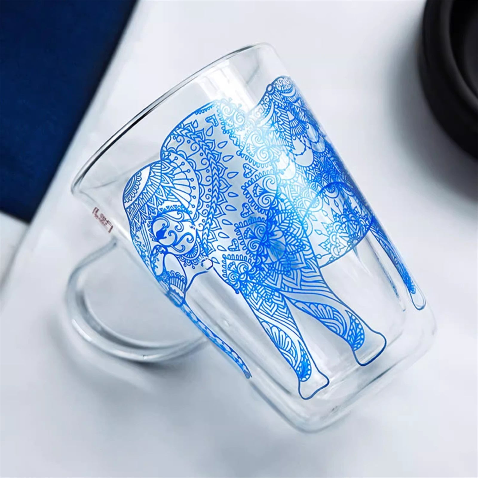 Double Wall Glass Coffee Mugs Ancient Chinese Totem Printing, Clear Espresso Cups with Handle, 280ML