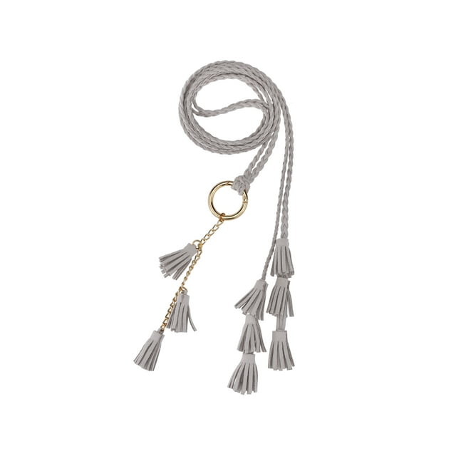 Cinturones de cuerda trenzada para mujeres INSPIRE CHIC, cinturones delgados bohemios con borlas y cadena, con anillo de metal para falda o vestido 47.2x0.2" gris