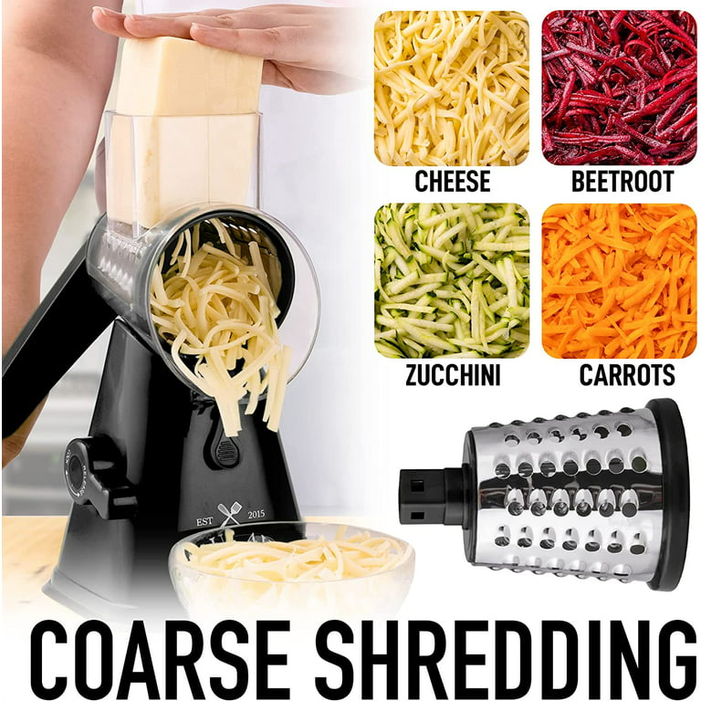 Zulay Kitchen Rotary Cheese Grater Cheese Shredder 3 Replaceable Stainless  Steel Blades Black