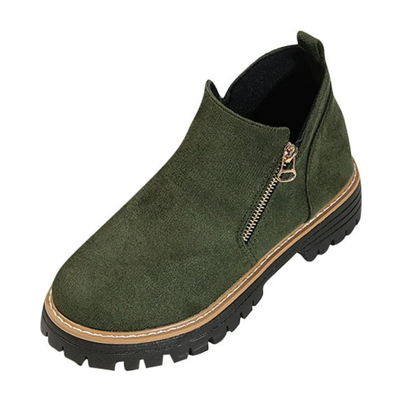 Xfvqtps Womens Suede Ankle Boots Winter Fashion Chunky Heel Booties with Double Zipper Round Toe Slip on Casual Comfort Shoes for Women Street Style Everyday Wear Boots Green
