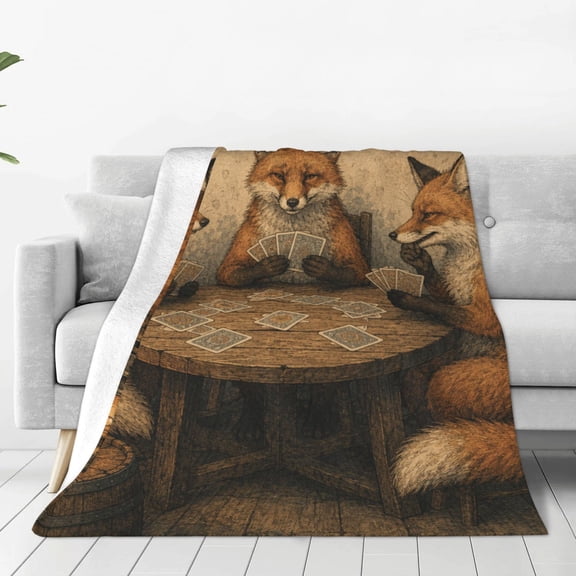 Vintage Fox Card Game Print, 60x50,Throw Blanket Soft Warm Cozy Fluffy Flannel Fleece Cover for Couch Bed Sofa Chair