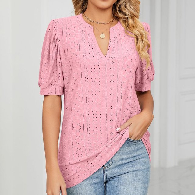 Camiseta Mujer Camiseta suelta de verano Moda Hollow-out Camiseta para mujer Ropa femenina (Rosa L) Cgtredaw Para estrenar