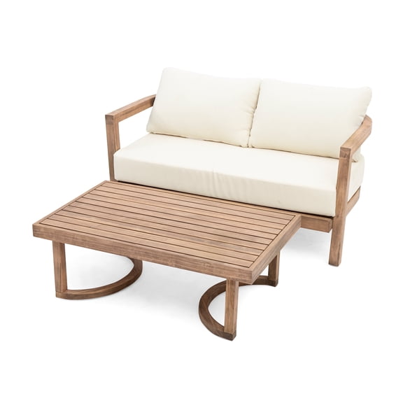 GDF Studio Aston Outdoor Acacia Wood Loveseat and Coffee Table with Cushions, Brown Wash, Beige