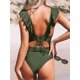 thumbnail image 2 of Traje de baño de una pieza con escote en V para mujer, verde XL, traje de baño de una pieza conservador para mujer, color sólido, con ribetes de bragueta para ocultar el vientre., 2 of 5