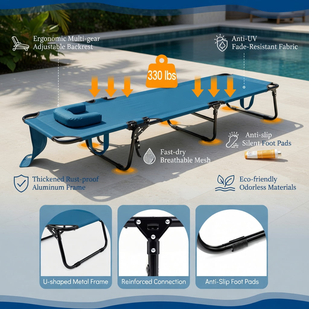 Hommoo Adjustable Beach Chaise Lounge Chair with Face Hole, Removable Pillows & Foldable Design, Blue