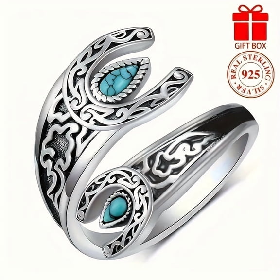 925 Sterling Silver Wrap Ring Retro Moon & Flower Design Inlaid Turquoise In Waterdrop Shape High Quality Adjustable Ring With Gift Box