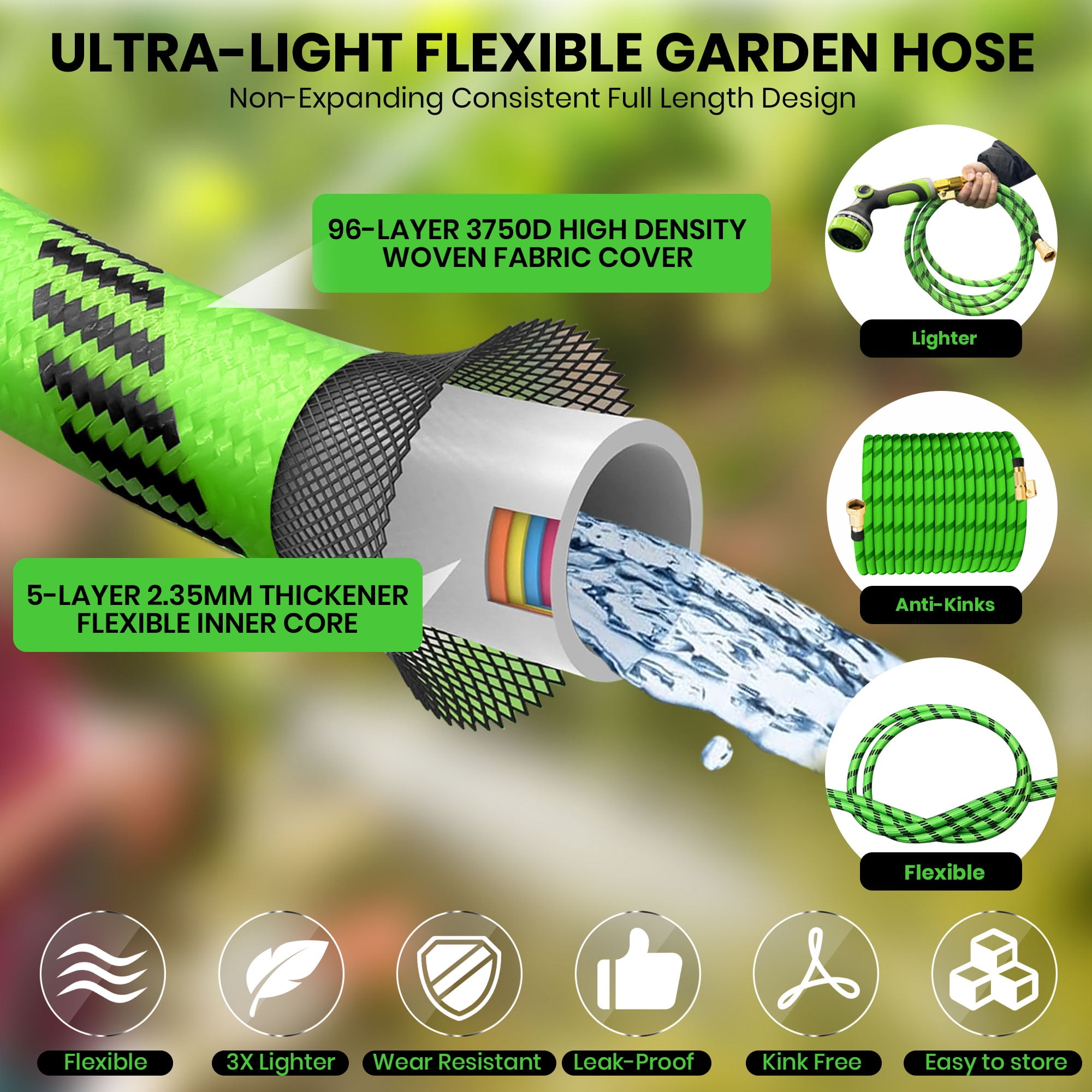 GVDV Garden Hose, 3/4" x 100ft Water Hose with 10 Function Spray Nozzle, Light Weight, 375Psi