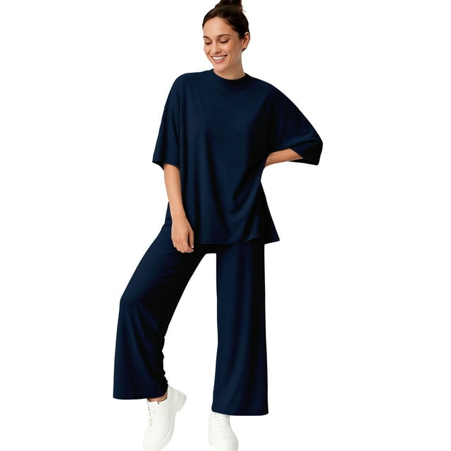 Moomaya Ensemble Détente 2 Pcs pour Femmes - Tunique à Ourlet Fendu et Pantalon Doux avec Poches - Ensemble de Détente Maternité