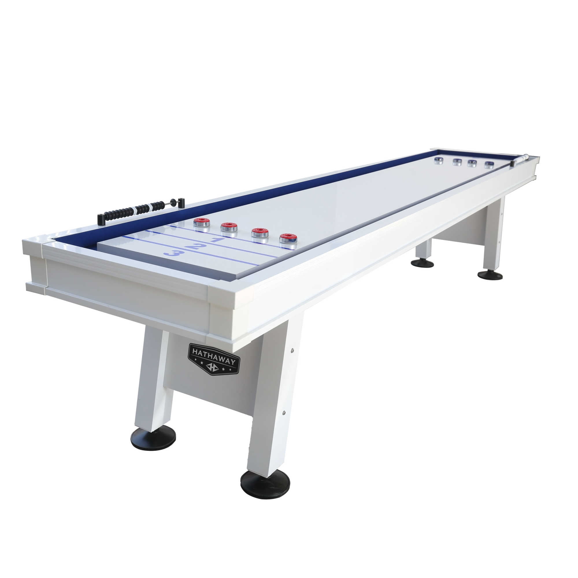 Hathaway Crestline 12 ft Outdoor Shuffleboard Table for Patio, Yard & Deck - with Weatherproof Playfield, Built-in Scorer & Fitted Cover, Leg Levelers, 8 Pucks, Wax – White Finish