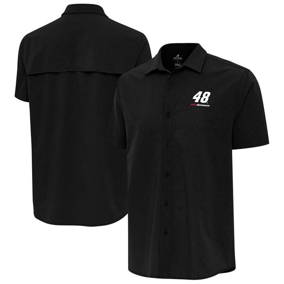 Men's-Antigua  Black Alex Bowman Activate Woven Short Sleeve Button-Up Shirt