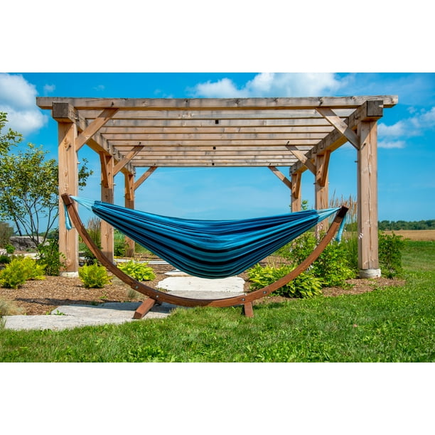 Double Cotton Hammock with Solid Pine Arc Stand Blue Lagoon (8ft