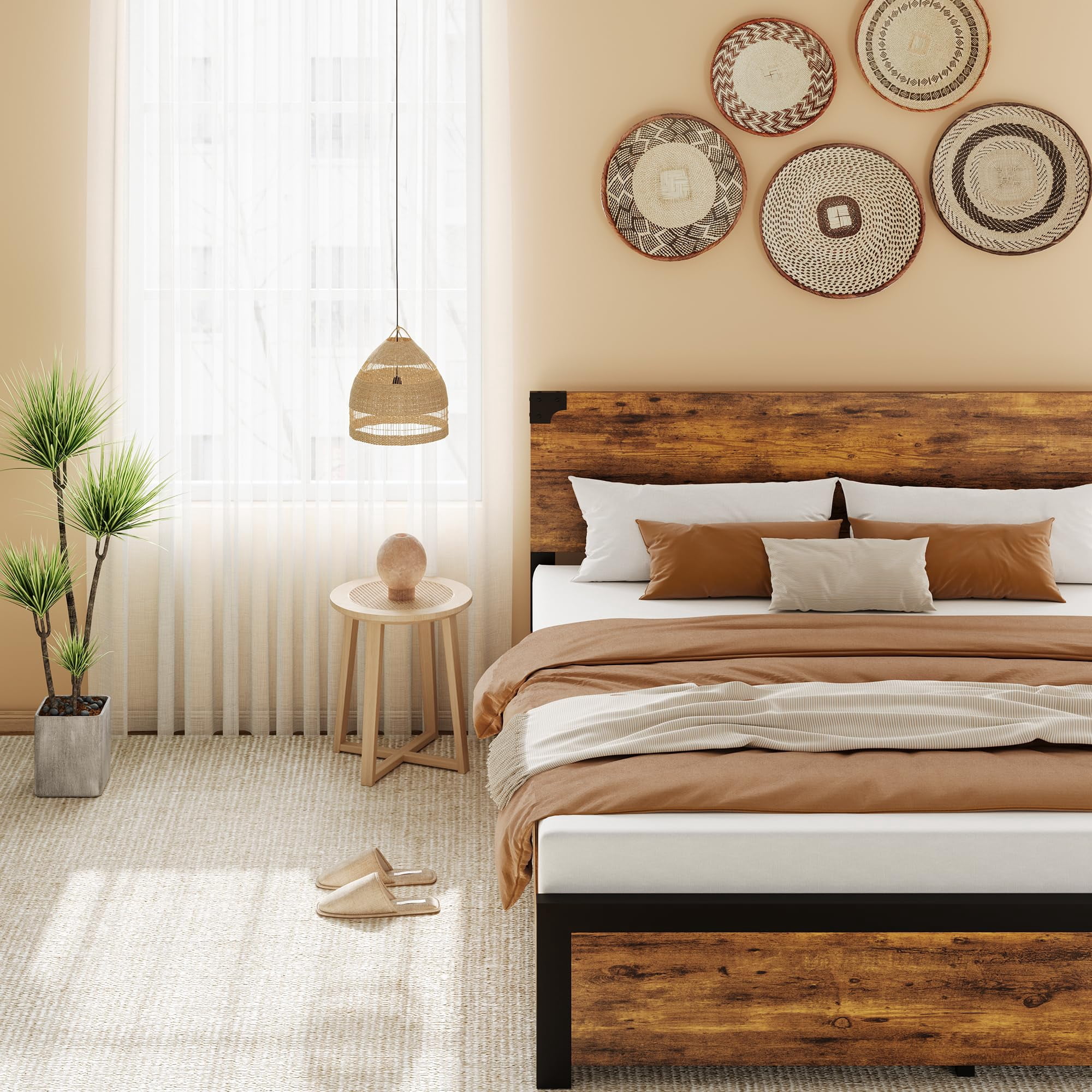 Queen Size Bed Frame with Wood Headboard, King Platform Bed Frame with Under Bed Storage and Metal Legs, Noise Free, No Box Spring Needed, Easy Assembly-Rustic Brown