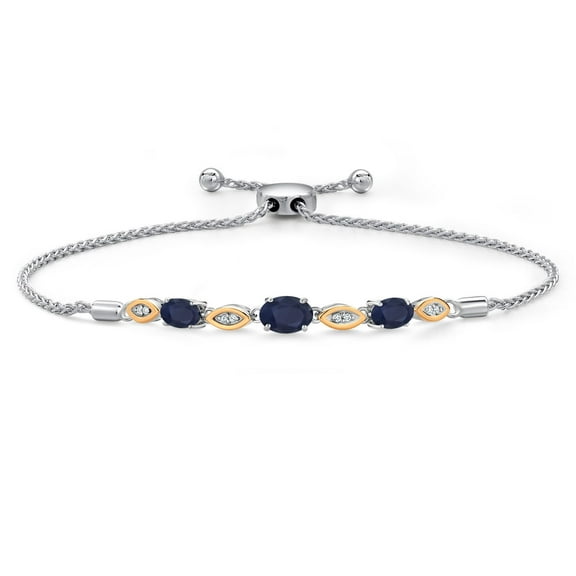 Gem Stone King 925 Silver and 10K Yellow Gold Blue Sapphire and Lab Grown Diamond Bracelet for Women | 2.17 Cttw | Gemstone Birthstone | Oval 7X5MM and 6X4MM | Fully Adjustable up to 9 inch