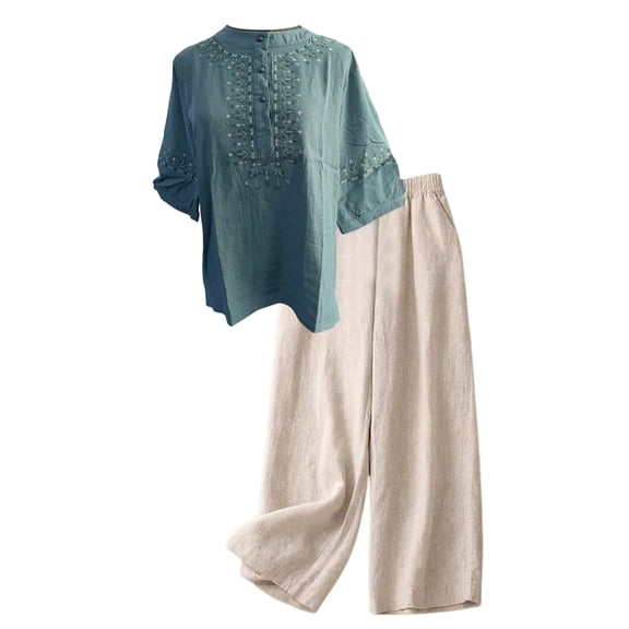 Dwelliawo Linen Sets for Women 2 Piece 2026 Summer Plus Size 3/4 Sleeve Embroidered Tops Wide Leg Pants Casual Boho Beach Cute Outfits Green L-3