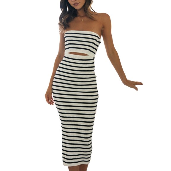 Michellecmm Women Tube Dress, Strapless Backless Hollowed Striped Patchwork Long Dress Clubwear