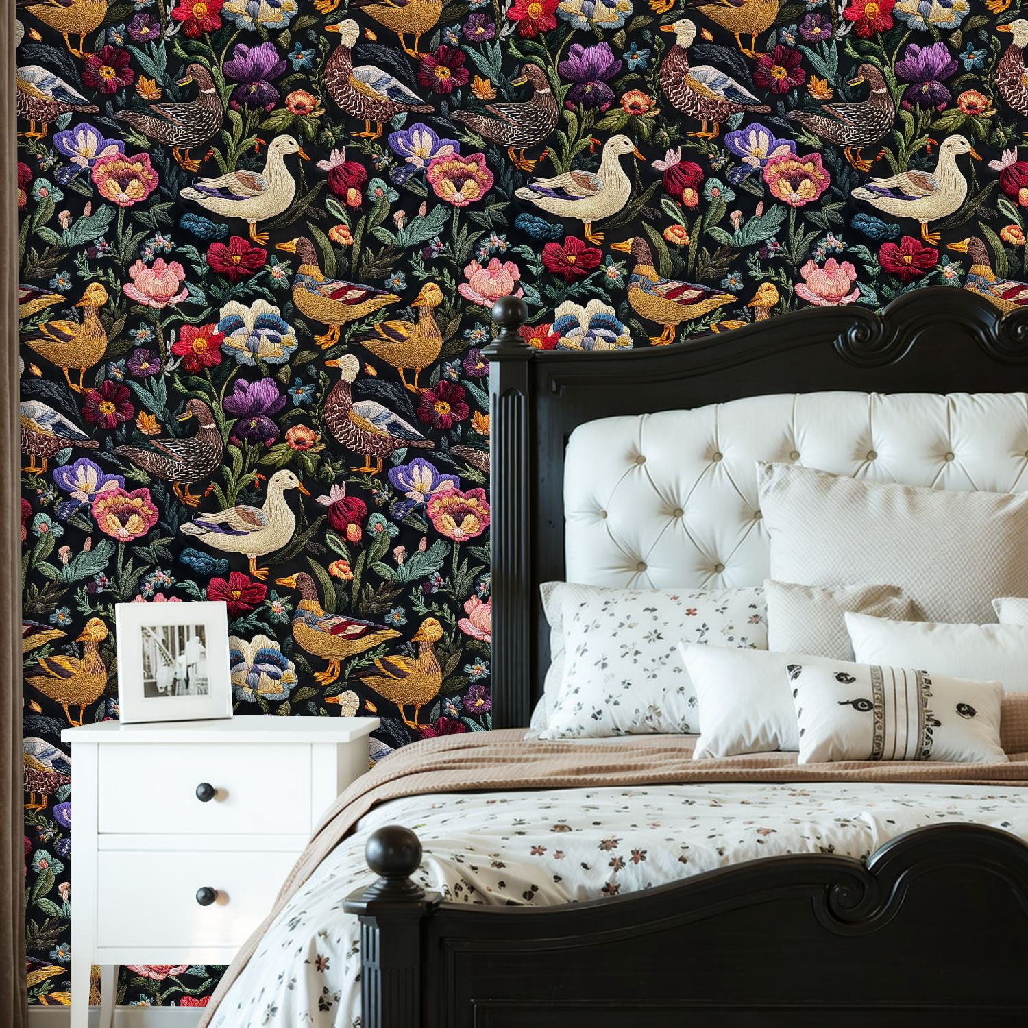 Peel and Stick Wallpaper Colorful Floral Embroidery Ducks Birds Black Wall Mural 23.6in x 9.8ft Self Adhesive Removable Wall Paper Renter Friendly Wallpaper for Nursery Bedroom Cabinets