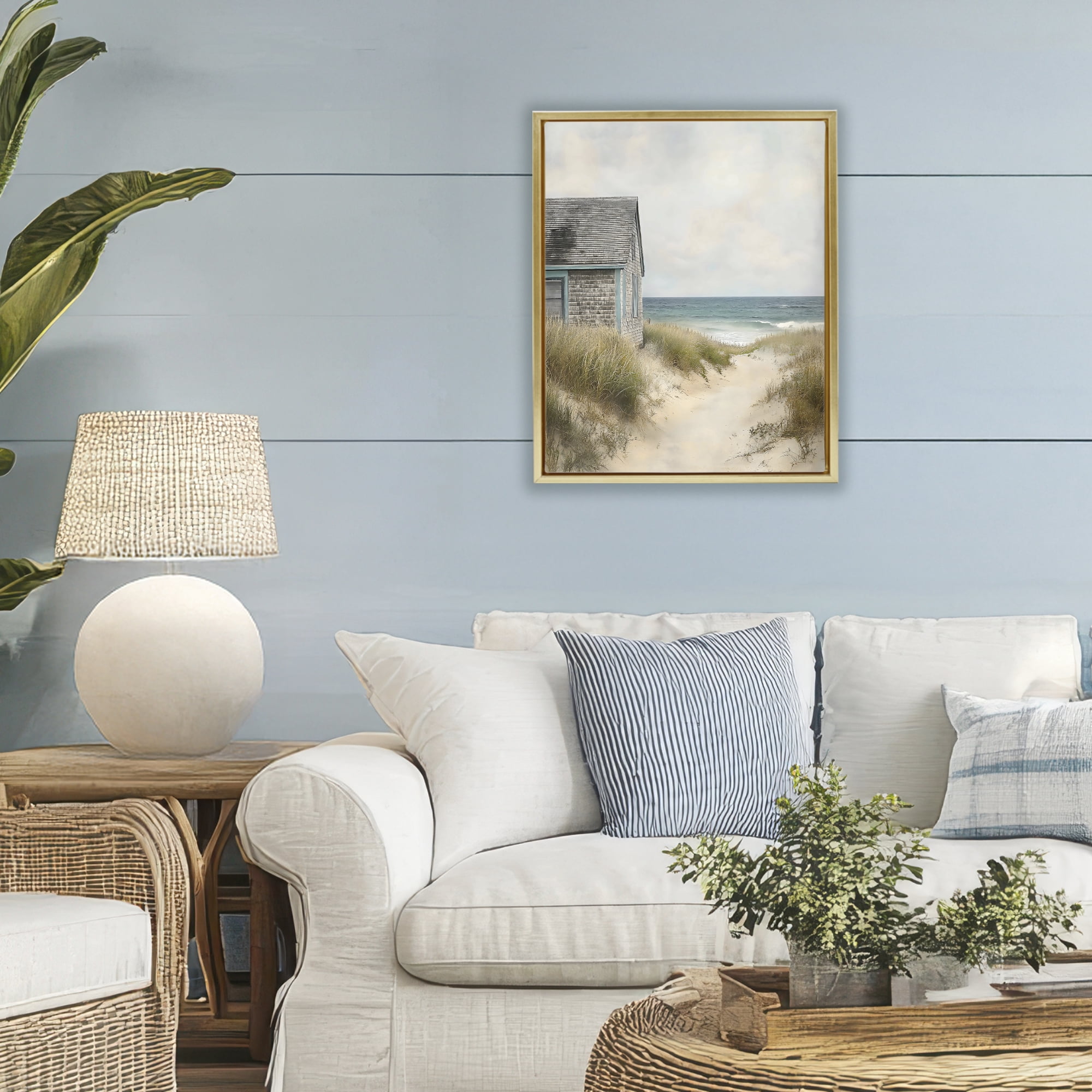 Stupell Industries Oceanfront Cottage on Dune Path Gold Framed Floater Canvas Wall Art, design by Creative Studio