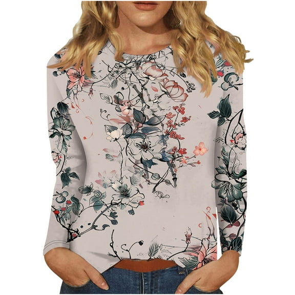 BangWanChi Long Sleeve Shirts for Women Women's Retro Fashion Classic Print Long Sleeved Round Neck Tops/shirt