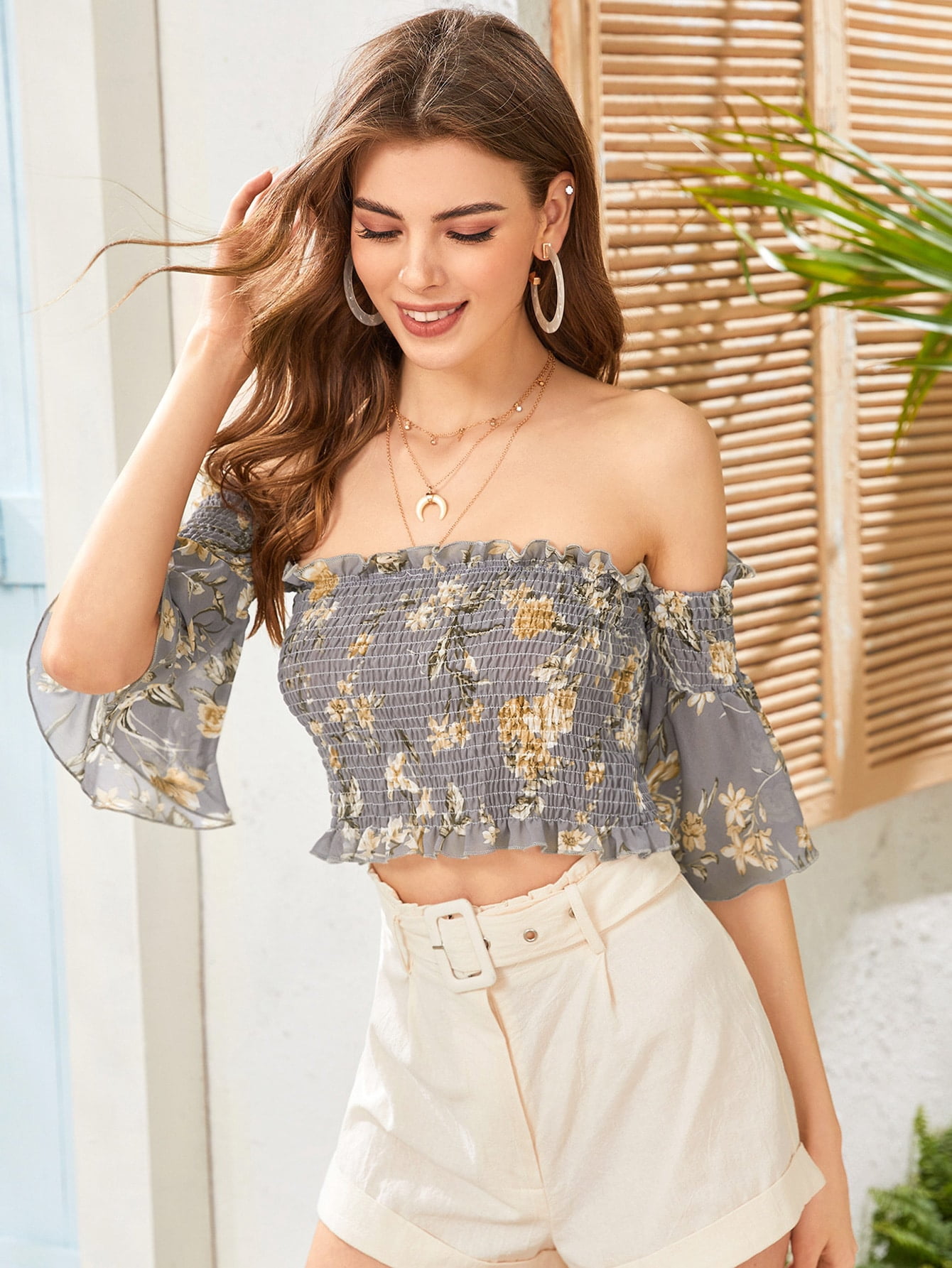 Women's Floral Print Smocked Off the 