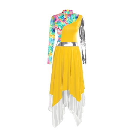 Miaeowve Women Lyrical Dance Dress Vintage Print Worship Tunic Overlay Liturgical Praise Dancewear Yellow L