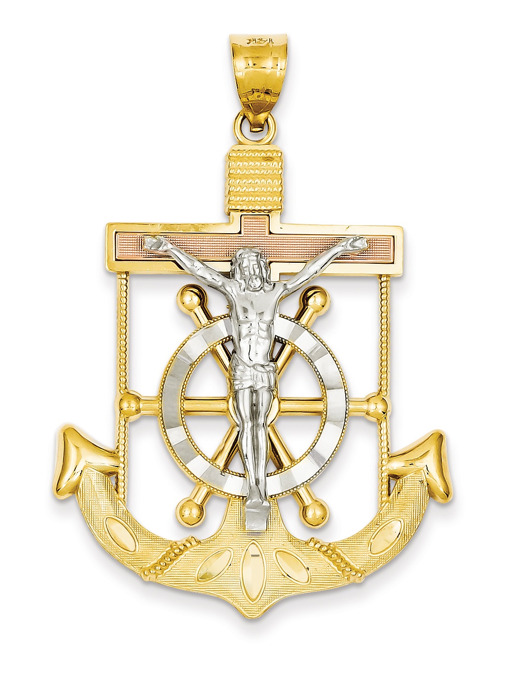 Core Gold 14k Tricolor Diamondcut w/Textured Mariner's Cross