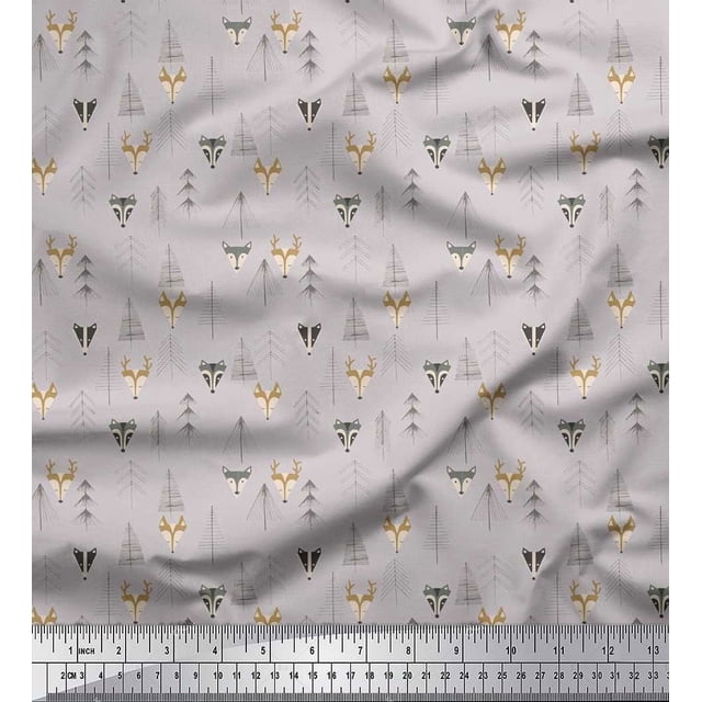 Soimoi Poly Georgette Fabric Artistic Tree,Reindeer & Fox Face Kids Print Fabric by The Yard 52 Inch Wide