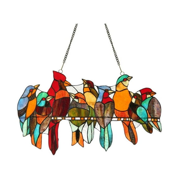 13 Inch Tiffany Style Glass Window Panel with Birds Design, Multicolor