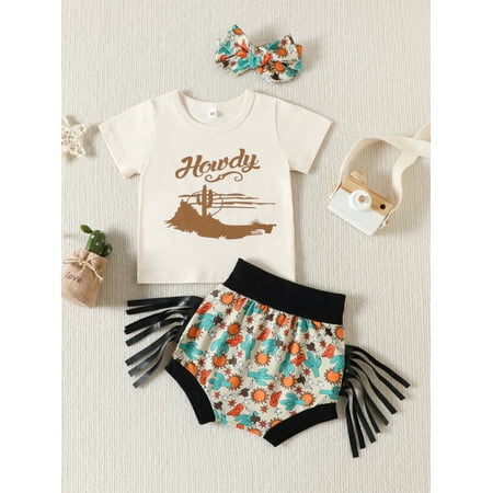 

Lamuusaa Baby Girls Shorts Set Short Sleeve Letters Print T-shirt Cactus Print Shorts with Bowknot Hairband
