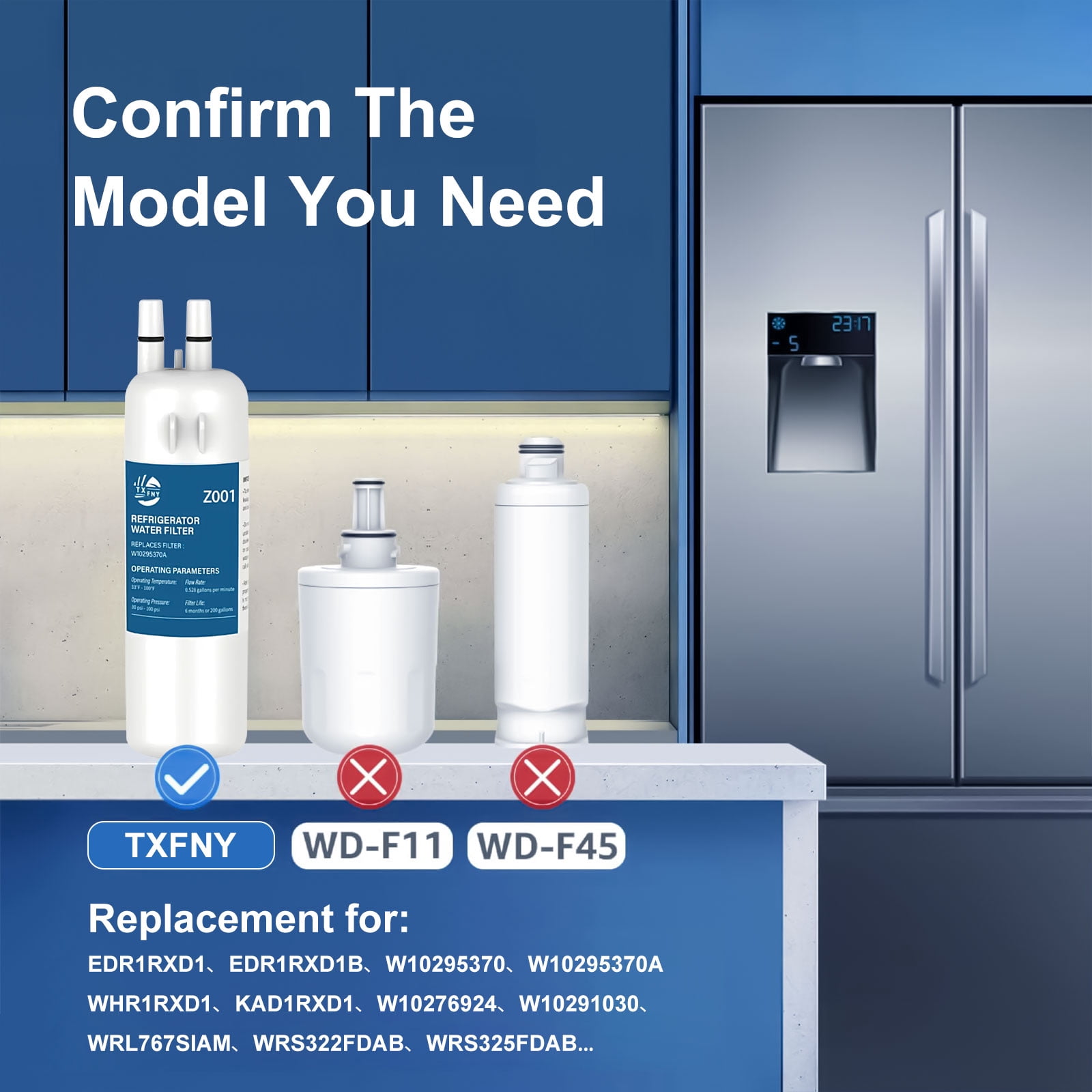 TXFNY EDR1RXD1 Refrigerator Water Filters,Compatible with Whirlpool Refrigerator Water Filter, Compatible with W10295370, EDR1RXD1, P4RFWB, Kenmore 46-9081, Kenmore 46-9930, 2 Pack