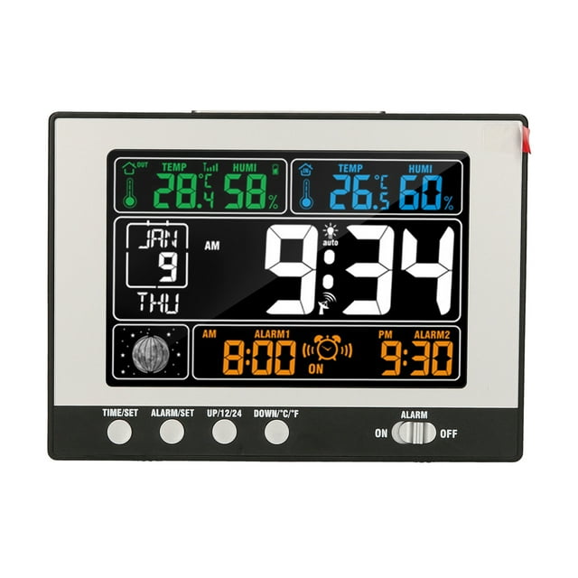 Yeacher Digital Multifunctional Clock & Thermo-Hygrometer Thermometer & Hygrometer RF Clock Large Color Display with Backlight with Perpetual Calendar Moon Phase Alarm and Snooze Indoor&Outdoor Temp