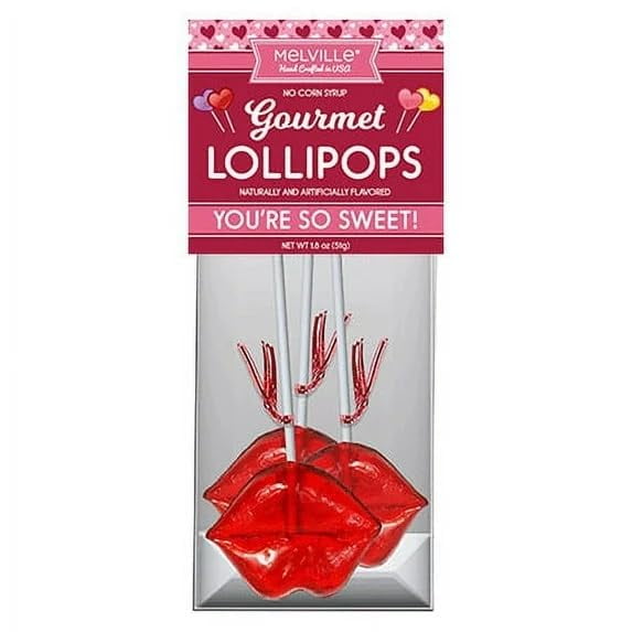 Melville Candy Hard Candy Valentine Red Lips Lollipop, With Red Glitter - 3 Count Gusset Bag