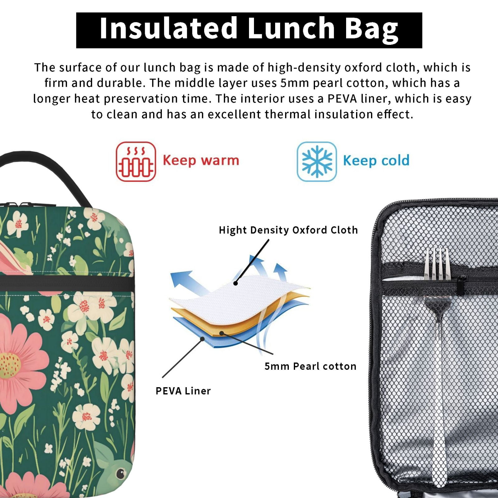 Lunch Bag For Women Men Insulated Portable Lunch Box Bento Box Office Picnic Travel Cooler Bag Flowers (13)