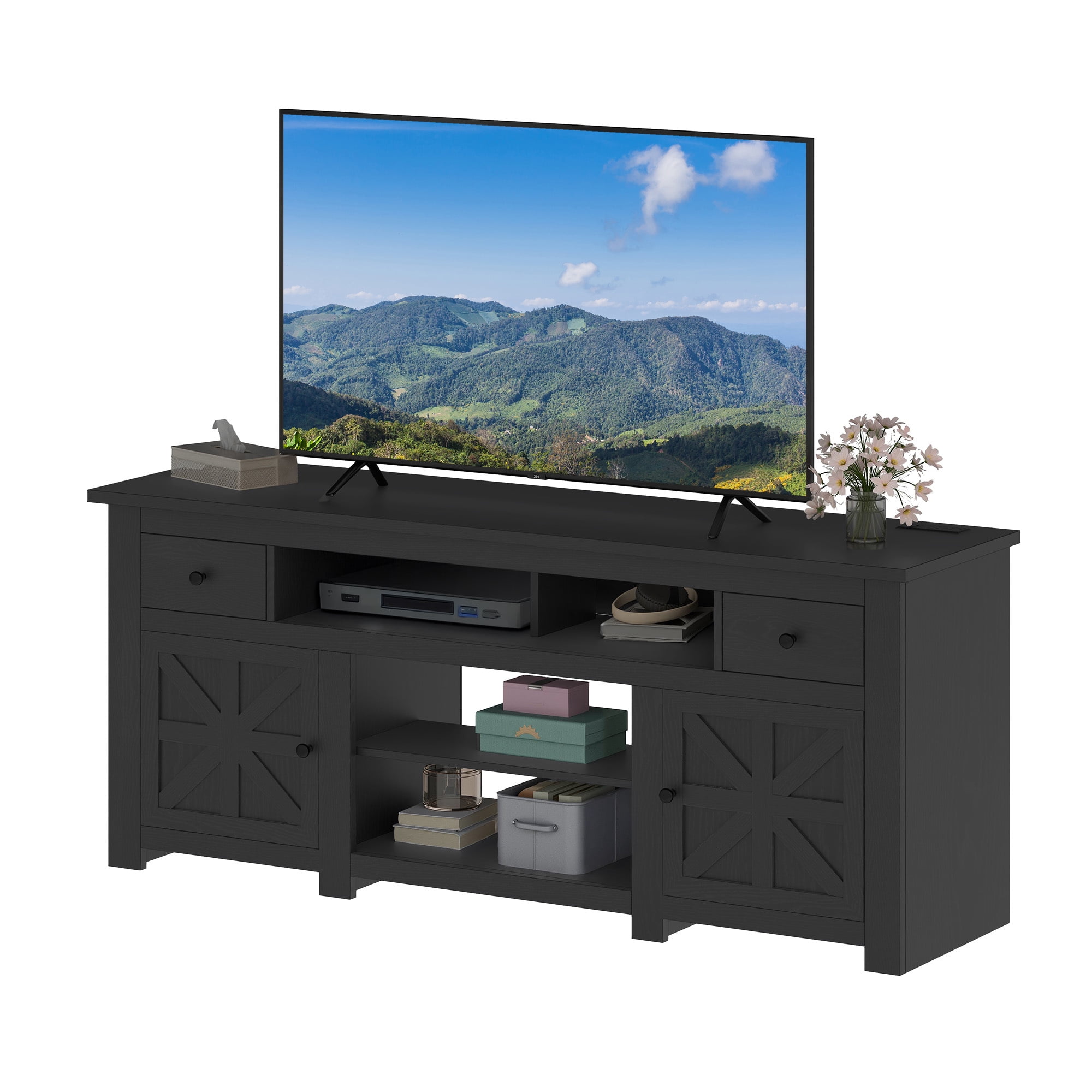 Uforic 70 Inch Modern Farmhouse TV Stand for 75/80 Inch TV with Built-in Power Outlets, 2 Cabinets & Open Compartments for Living Room, Black