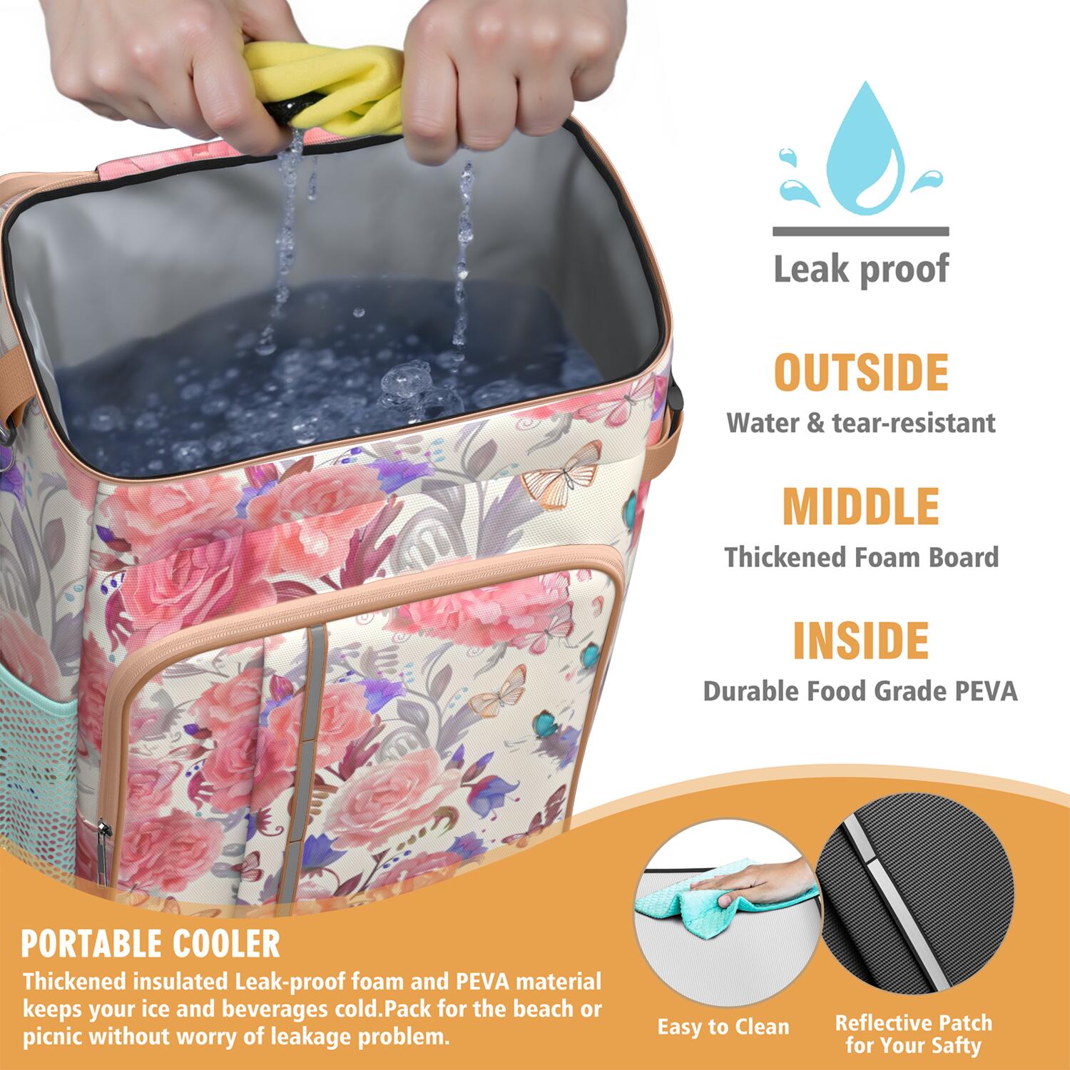 Travel Cooler Bag - Pioneer Flower Floral Print Pattern Camping Beer Cooler Backpack with Bottle Opener- Waterproof Insulated Picnic Backpacks - Cooler Bag for Beach