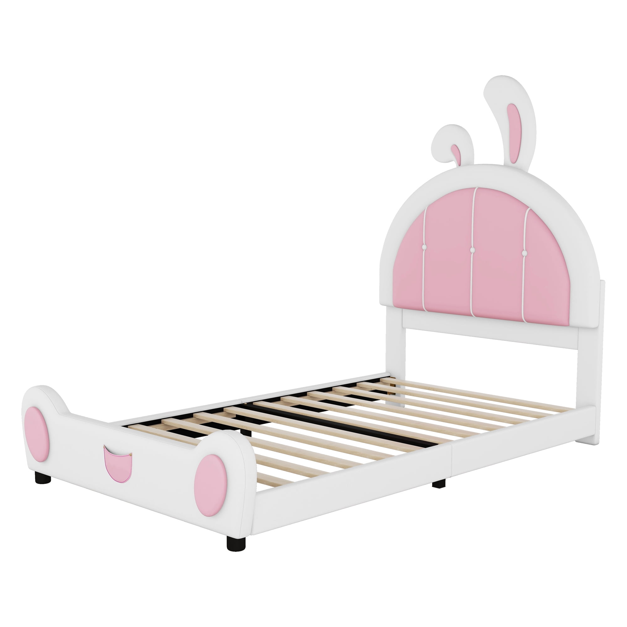 EUROCO Upholstered Twin Platform Bed, Cartoon Bunny Bed for Toddler Kids Teens, No Box Spring Needed, White