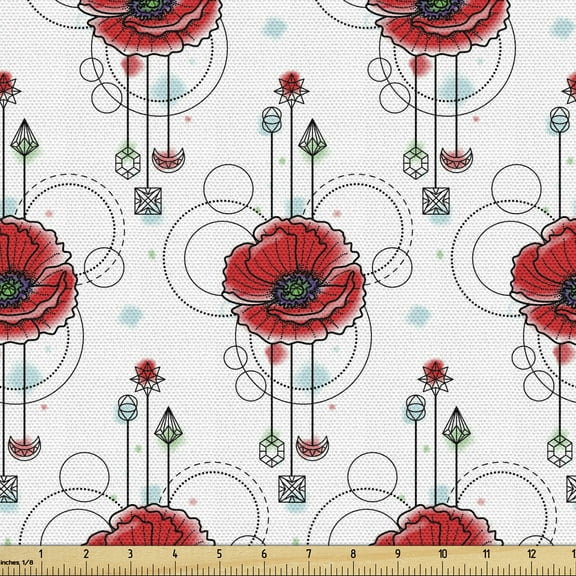 Ambesonne Tattoo Fabric by the Yard Upholstery, Red Poppy Geometrical, 3 Yards, Multicolor