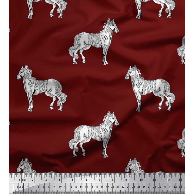 Soimoi Silk Fabric Horse Block Print Fabric by Yard 42 Inch Wide