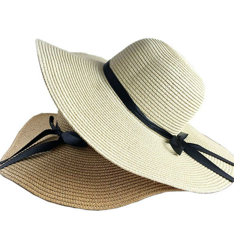 Yirtree Womens Big Bowknot Straw Hat Large Floppy Foldable Roll up Beach  Cap Sun Hat UPF 50+ Women Summer Wide Brim Floppy Straw Ribbon Bow Sun Hat
