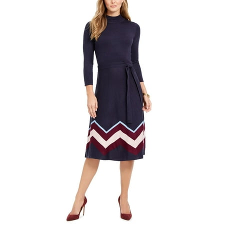 Vince Camuto Women's Mock-Neck Belted Dress Navy Size Medium