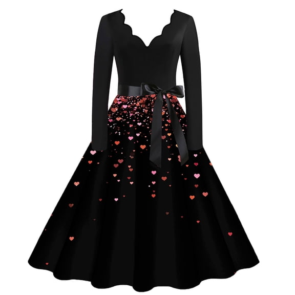 Valentines Day Dresses Fit and Flare Dress with Heart Print Pattern Ribbon Waist for Women Vintage Hot Pink 2XL
