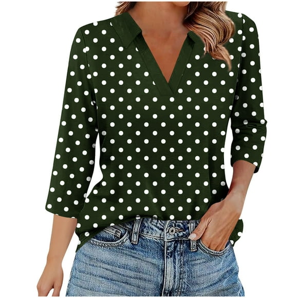 aidice Tops for Women Casual Lapel V Neck 3/4 Sleeve Tshirts Comfy Fitting Fall Shirts Size S-XXL