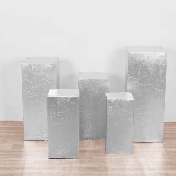 Efavormart Set of 5 Silver Metallic Spandex Rectangular Display Box Stand Covers, Shiny Stretchable Pedestal Pillar Prop Covers - 130 GSM