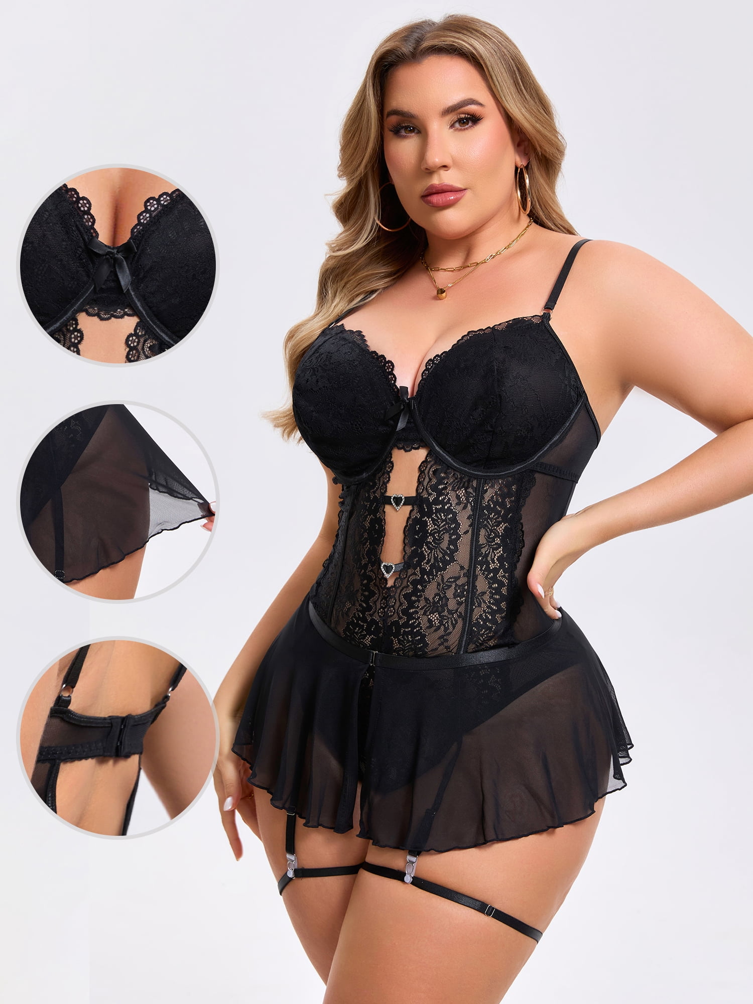 DARING DIVA Women's Cut Out Skirt Bodysuit Underwired Lingerie Set 2XL Black