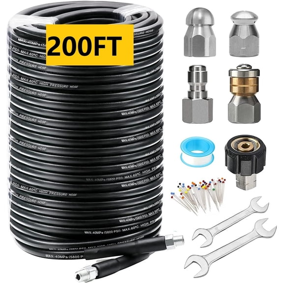 Sewer Jetter Kit 200FT for Pressure Washer, 5800PSI Drain Cleaner Hose 1/4 Inch NPT Corner Rotating and Button Nose Sewer Jetting Nozzle Spanner Waterproof Tape (Black Hose)