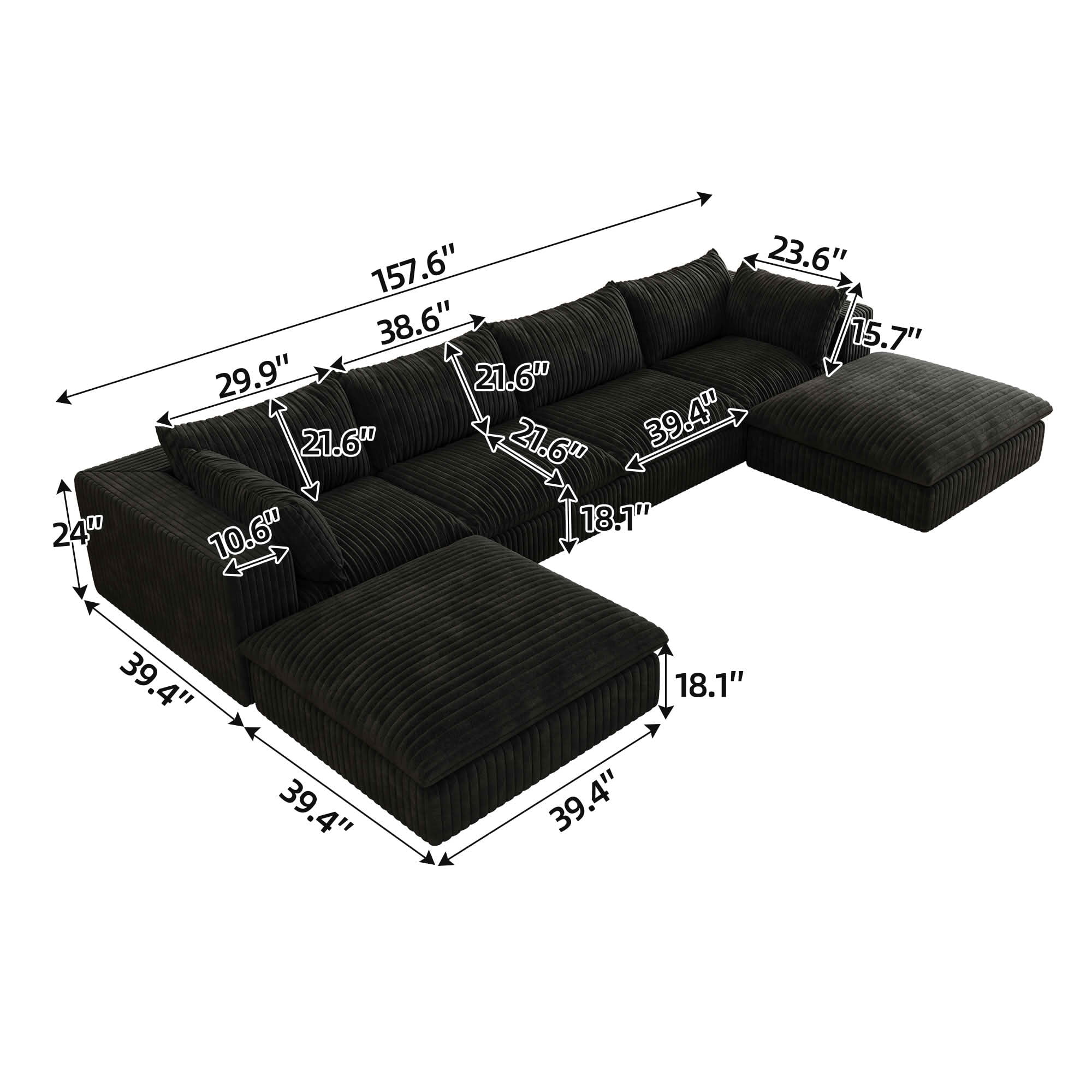 MAYEERTY 157.6" Cloud Corduroy Sofa, Deep Seat Double-Layer Design, Removable Cushion No Assembly, DIY Combination, Black