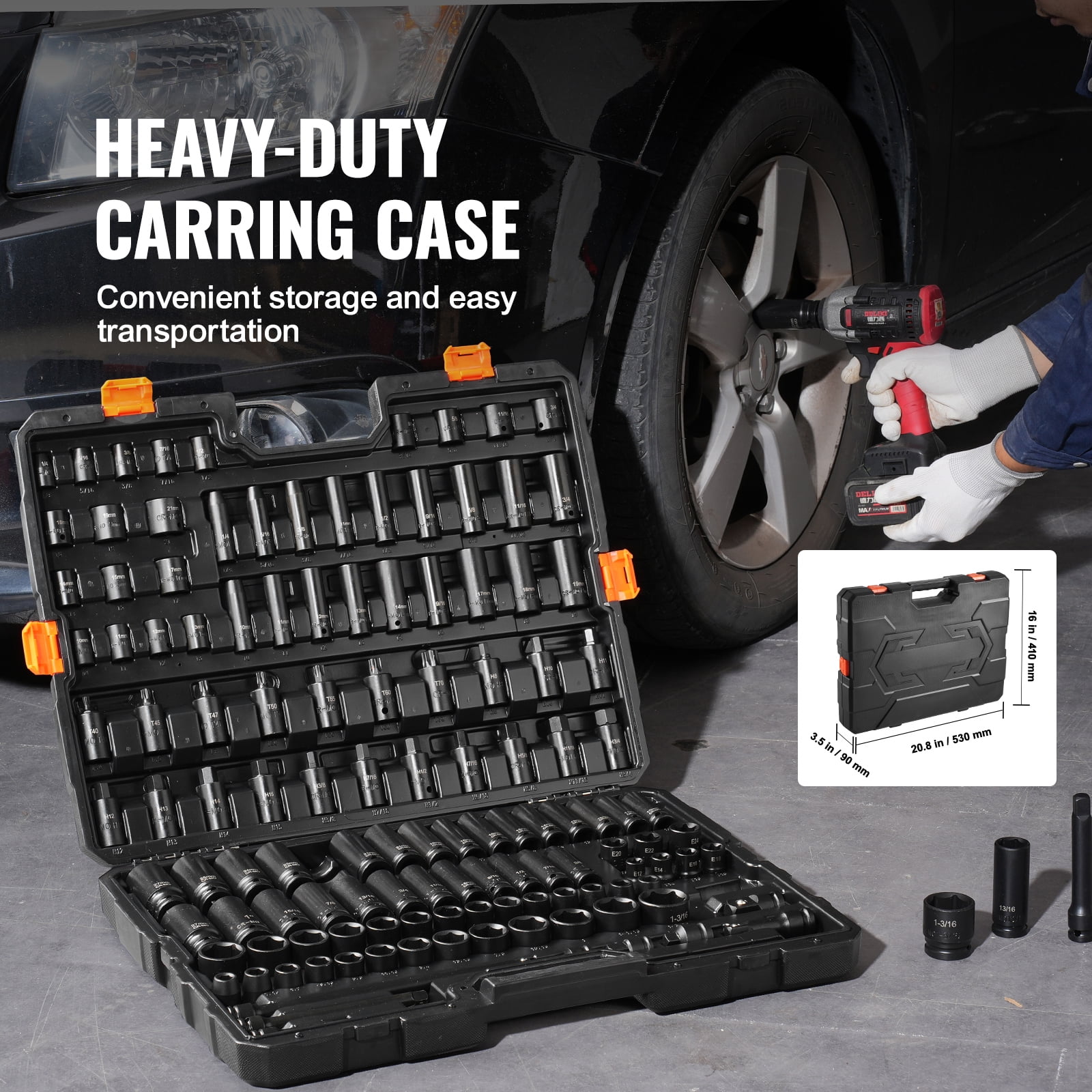 KFFKFF 130-Piece Impact Socket Set - 3/8" & 1/2" SAE & Metric Sizes - Durable Cr-Mo Steel for Vehicle Maintenance - Clear Size Markings - Comes with Convenient Storage Case